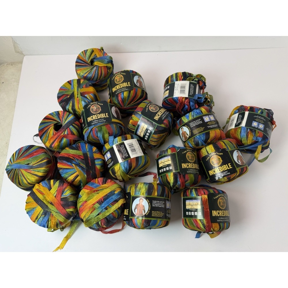 Lion Brand Yarn Incredible Ribbon Yarn Lot Of 18 City Lights Rainbow 100% Nylon